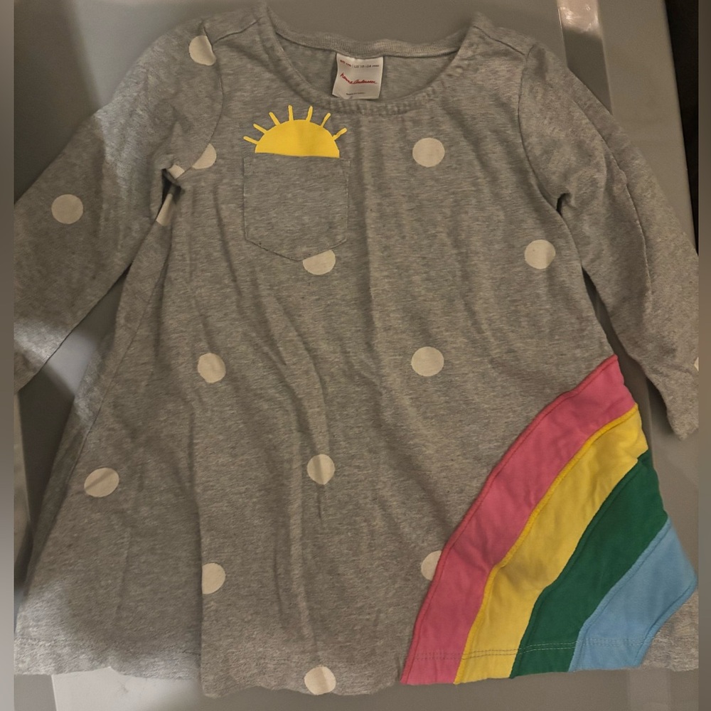Hanna Andersson Gray Long Sleeve dress with polka dots, sun, and rainbow print